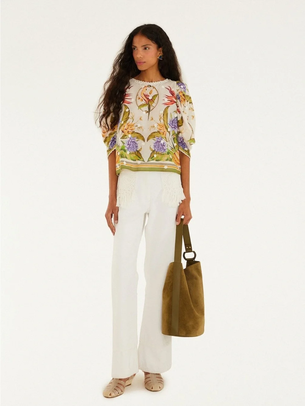 FARM RIO Sand Tropical Scarf Blouse